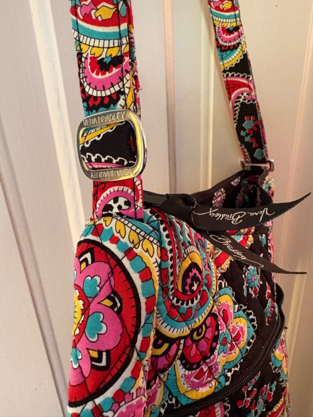 Vera Bradley Black Quilted Paisley Shoulder Bag with Pink & Teal Accents - Picture 8 of 9